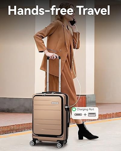Vista 3 de LUGGEX Maleta de mano con bolsillo frontal, maleta rígida de policarbonato expandible con puerto USB, Champán, Equipaje de mano