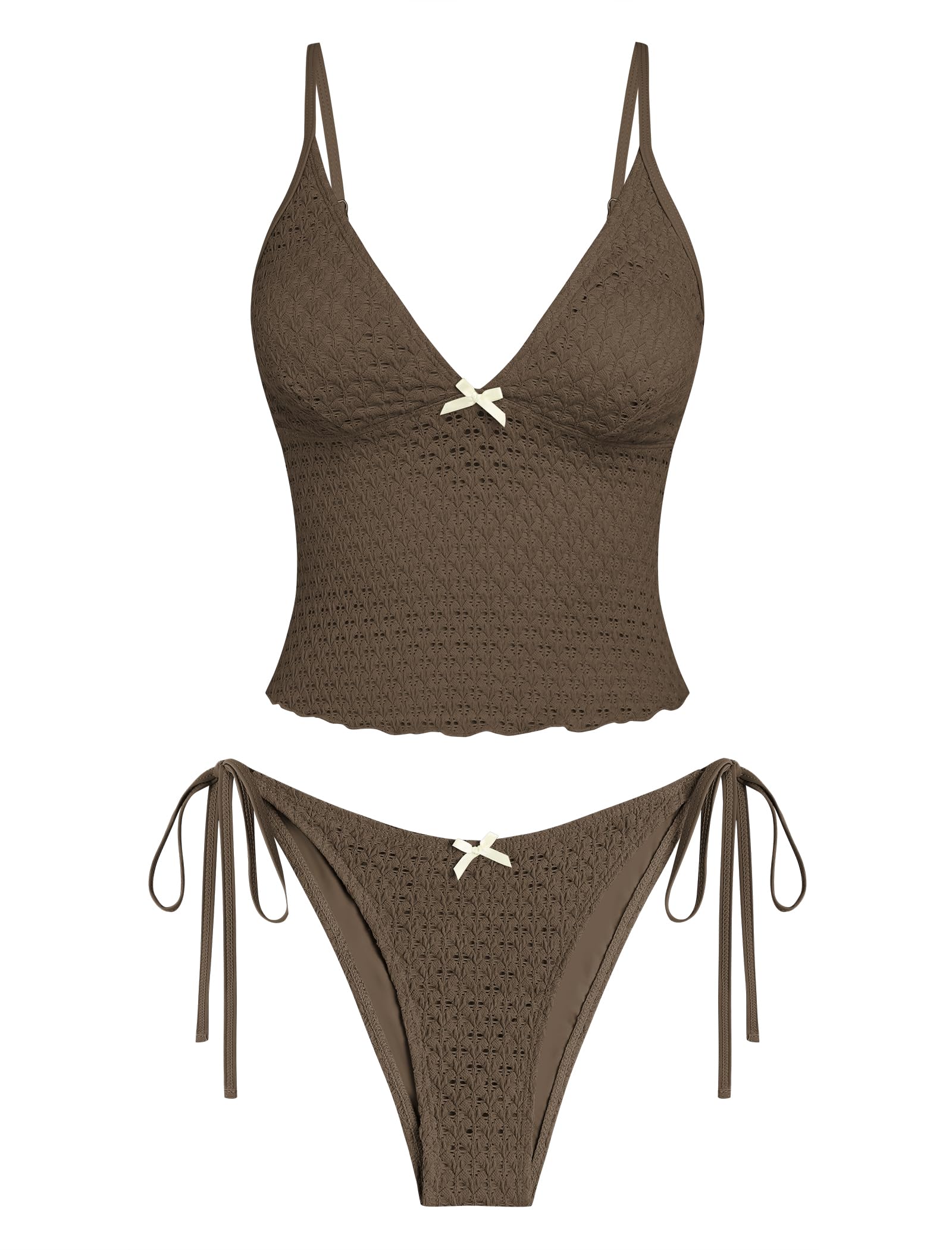 ZAFUL Tankini Swimsuits for Women Lace Jacquard Bowknot Decor Tummy Control High Cut Tanga Tankini Set