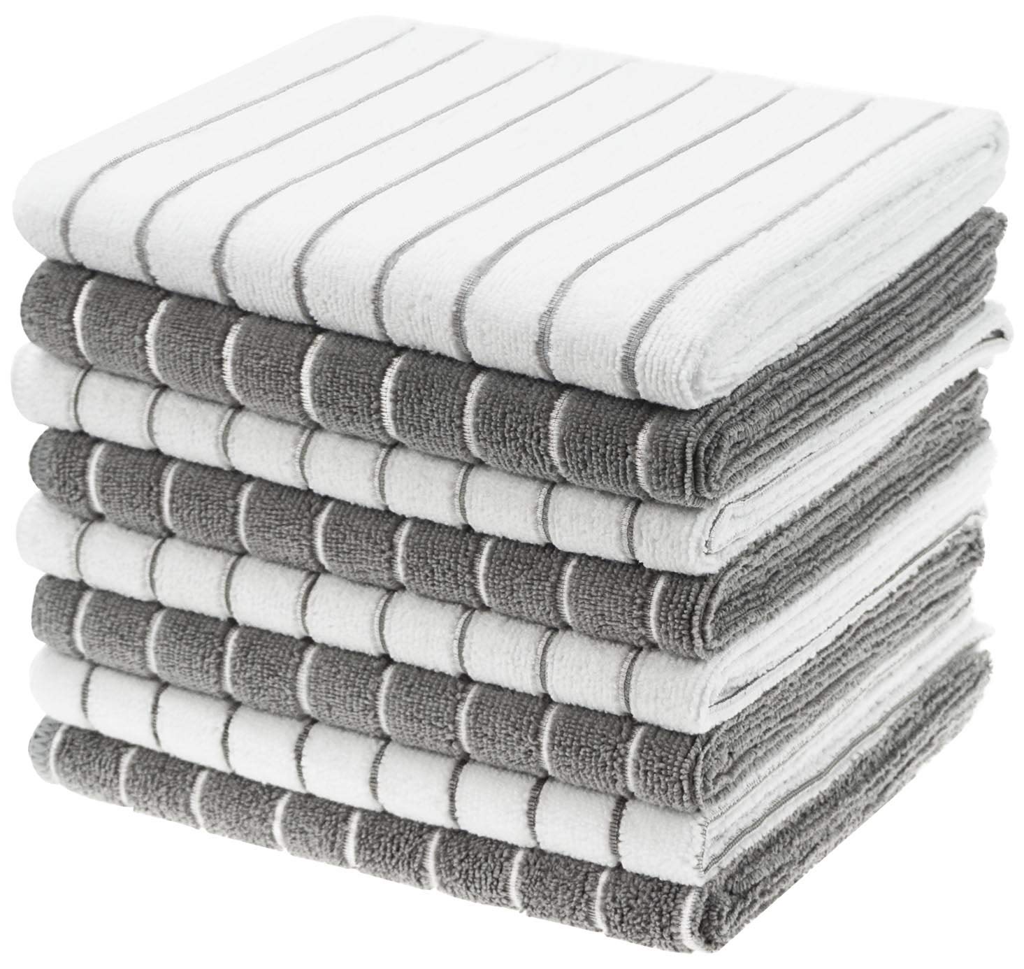 Gryeer Microfiber Kitchen Towels, Stripe Designed, Soft and Super Absorbent Dish Towels, Pack of 8, 26 x 18 Inch, Gray and White