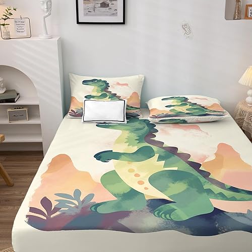 Miniatura 3 de GEDAEUBA Sábanas de dinosaurio tamaño California King  Sábanas de dinosaurio para niños y niñas, juego de sábanas de animales con sábana bajera de