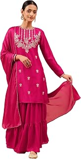 Janasya Pink Poly Silk Embroidered Kurta Set