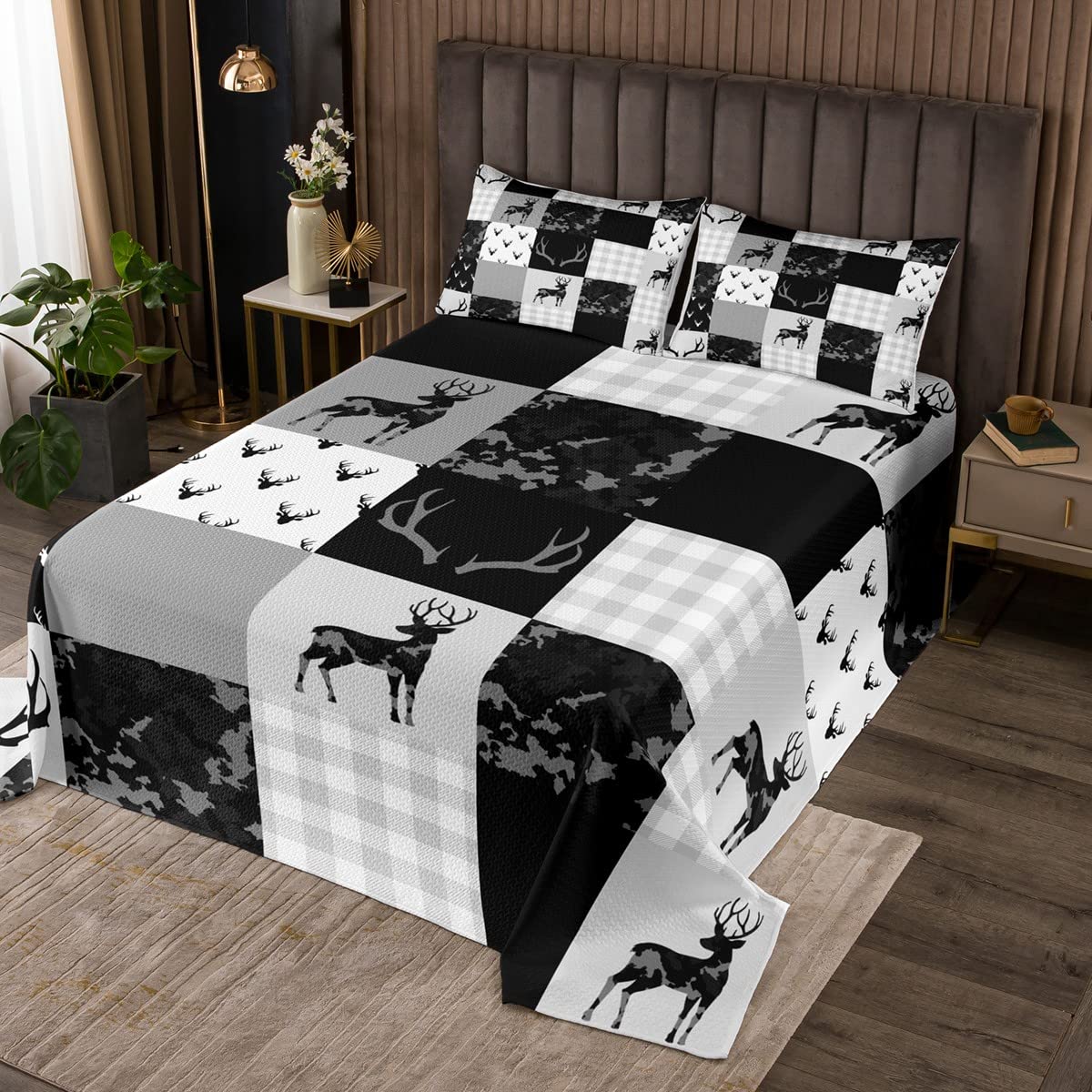 Manfei Kids Camo Deer Bedspread Twin Size, Black Grey Camouflage Coverlet Set 2pcs for Boys Teens Bedroom Decor, Wild Animal Reindeer Antlers Print Quilted Coverlet with 1 Pillowcase