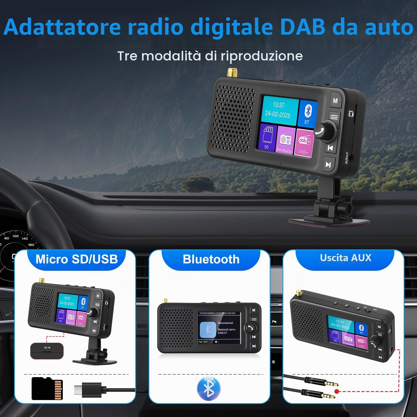 DAB+ Digital Radio Adapter per Autoradio, Motorsi Plug&Play mit 2,4" LCD-Display, Dab Radio per Auto mit Bluetooth, FM Transmitter, TF Karte, AUX, Ausgang, Antenne