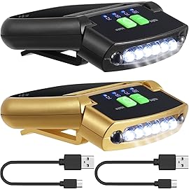 Mudder 2 Pieces LED Clip on Cap Lights USB Rechargeable Cap Flashlight Clip Waterproof Ultra Bright Hat Flashlight Headlamp for Fishing Camping Hand Work (Black,Gold)