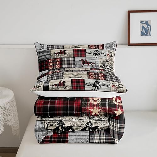 Miniatura 6 de Erosebridal Juego de edredón para niños y niñas, juego de ropa de cama con estampado de vaquero, diseño de granja, a cuadros, caballo y vaca, para