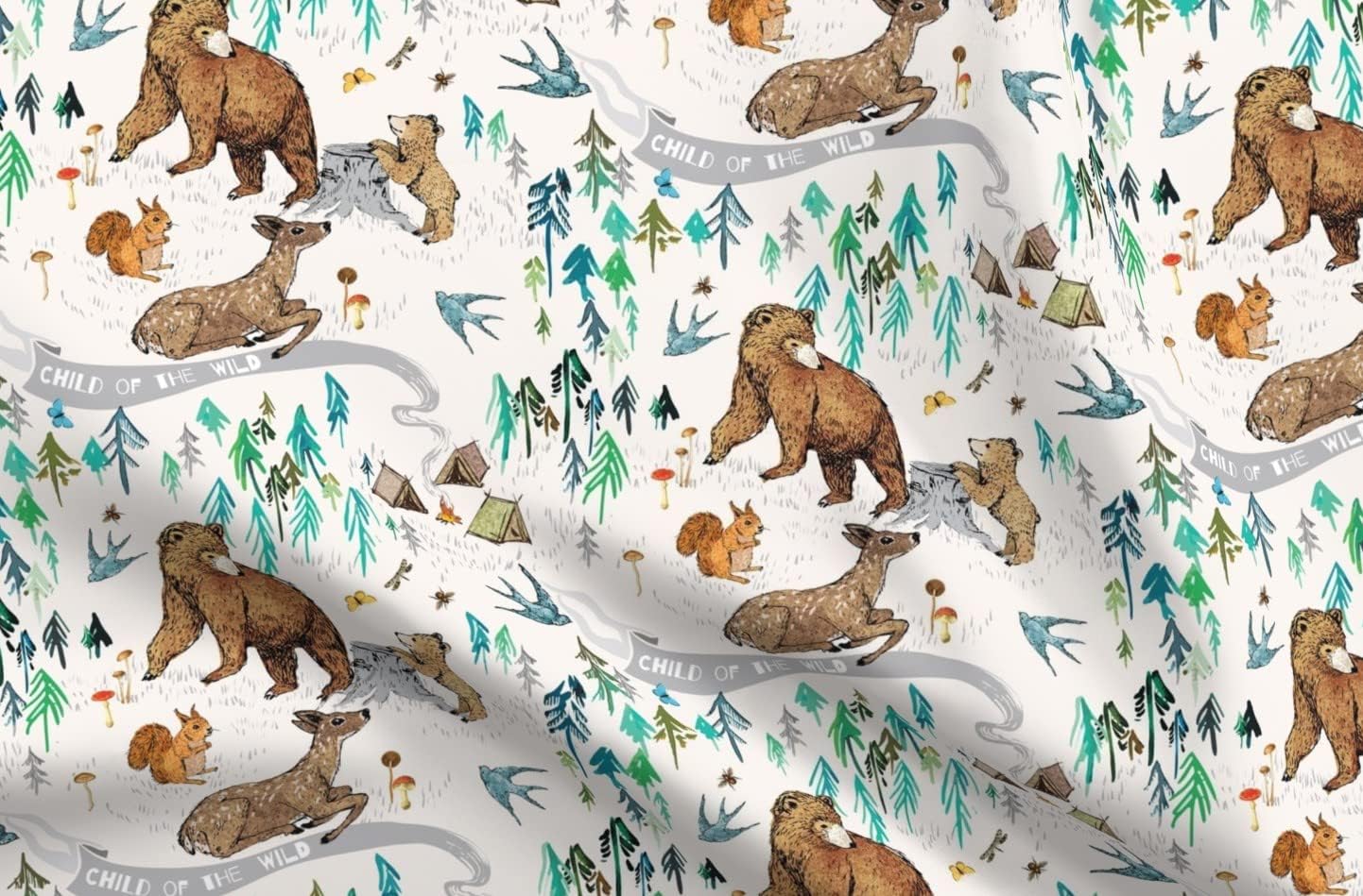 Spoonflower Fabric - Wild Child Cream Bear Deer Forest Trees Squirrel Woodland Bird Animal Printed on Petal Signature Cotton Fabric Fat Quarter - Sewing Quilting Apparel Crafts Decor