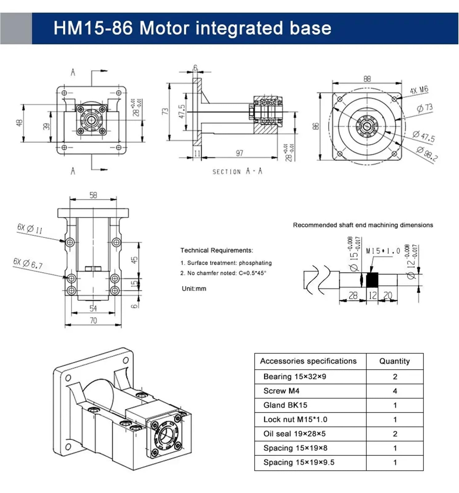 GTPBAO Base integrada del Motor HM15-86, soporte de extremo BF15, soporte del Motor de acero, montaje de fijación de tornillo de bola, Motor paso a paso SFU2005 Nema34 de 86mm eje posición(C7)