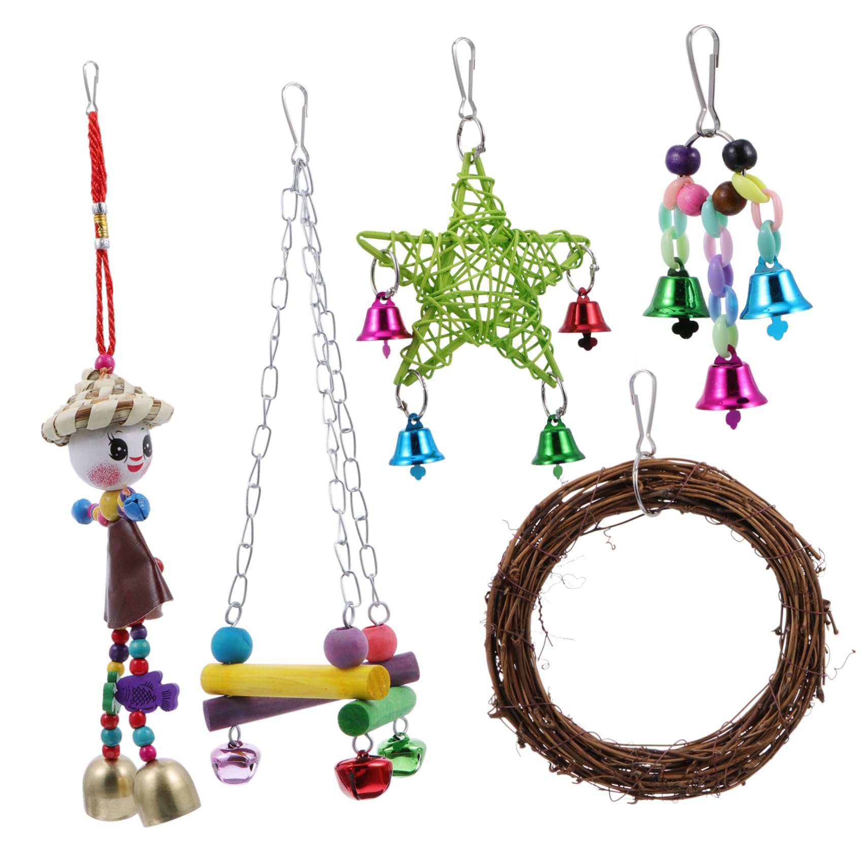 Juguete de Columpio para Pájaros, Set 5 Piezas de Madera | Rebabas, Decoración para Hogar, Apto para Aves y Fringílidos, Puente Multicolor Colgante