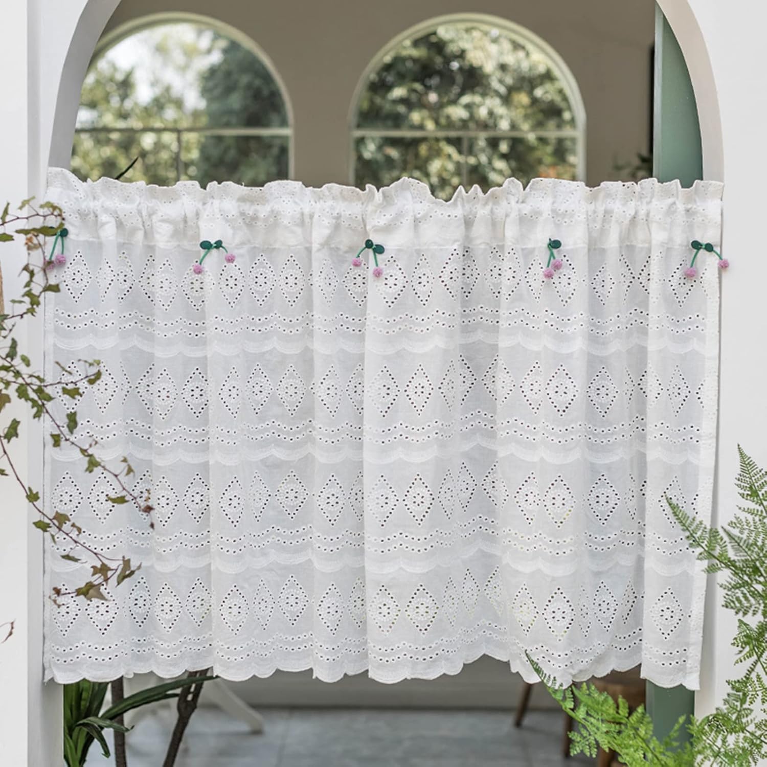 Window Treatment Tiers Curtain Kitchen Curtains,Short Cafe Curtains for Small Window,White Embroidery Short Curtain,Bistro Curtain for Kitchen Bedroom Country Style,Translucent Half Curtain Valance