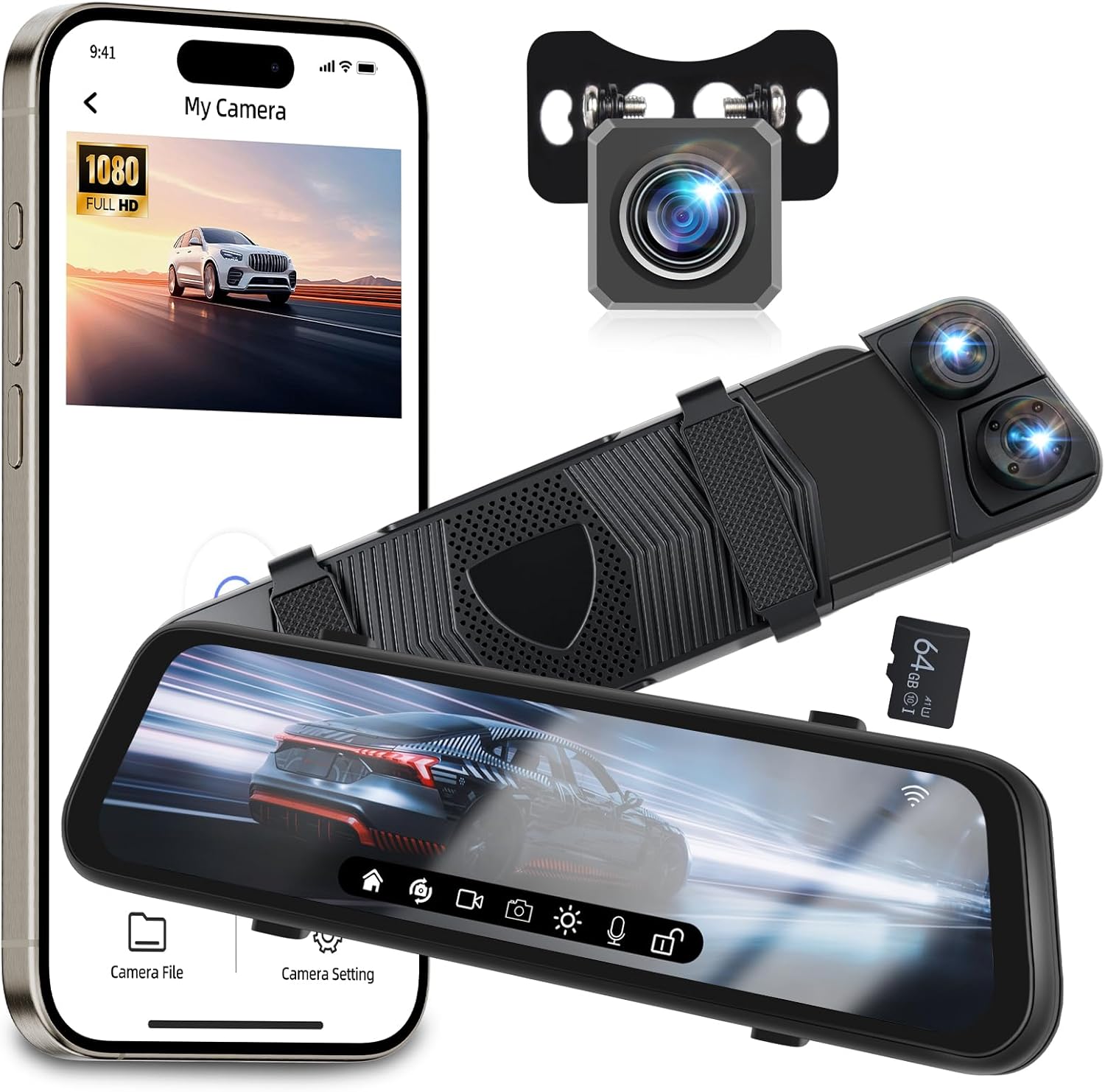 3 Channel 9.66 Inch Mirror Dash Cam with 5GHz WiFi, 1080P Front and Rear Inside Dash Camera with Gravity Sensor/Loop Recording/Night Vision/Reverse Assistance + Free 64G Card