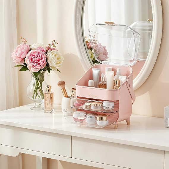 Multifunctional Makeup Organizer Case with Lid Drawers 3-Layer Desktop Cosmetic Storage Box with Waterproof Transparent Cover & Handle for Dresser Bathroom Countertop 27x18.2x36.5cm(pink)