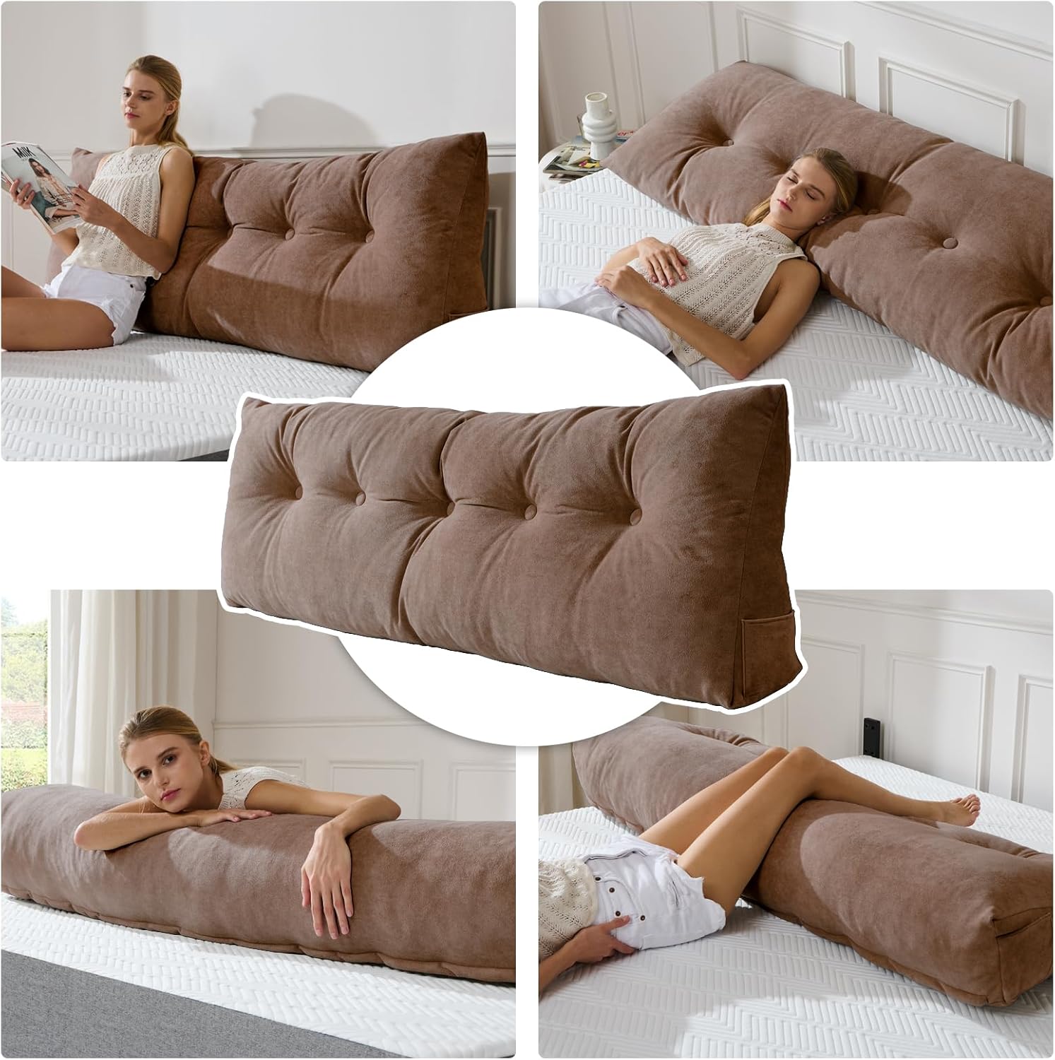 Lukace Premium Wedge Pillow Headboard with Removable Cover - Triangular Reading Support Backrest for Bed with Side Pockets, Perfect for Reading & TV (Light Brown Full Size, 54x8x20 Inches)