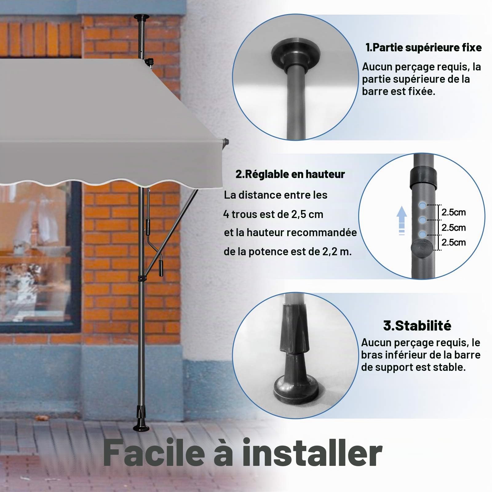 LZQ Store de Balcon rétractable Manuel, manivelle réglable, résistant aux UV, sans perçage, 100% Polyester (250 x 120 cm, Gris)