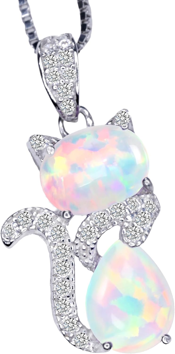 Cat Opal necklace - Diamond Kitty 18KGP @ Sterling Silver Pet Cat lover gift Kitten Jewelry 16" ~20" adjustable chain
