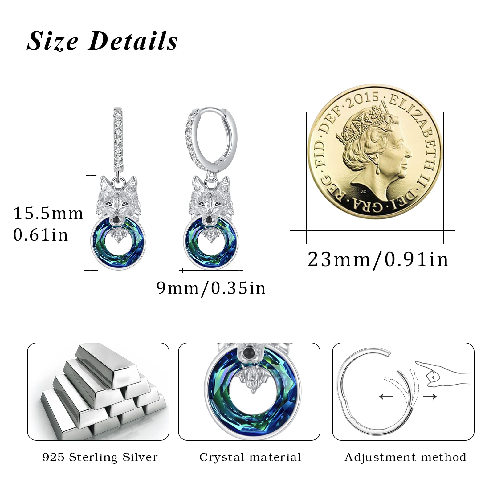 REDSUN Wolf/Drachen/Tiger Ohrringe 925 Sterling Silber Wolfskopf Ohrstecker Herren Damen Kristall Ohrringe Punk Gothic Schmuck für Unisex Herren Mädchen Damen Teenager Geschenk Geburtstag