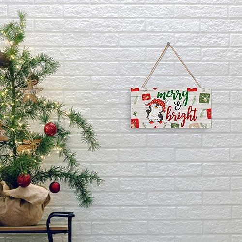 Miniatura 6 de Letrero decorativo de Navidad Merry & Bright para el hogar y la oficina, decoración rústica de madera colgante para puertapared con pingüino, luces