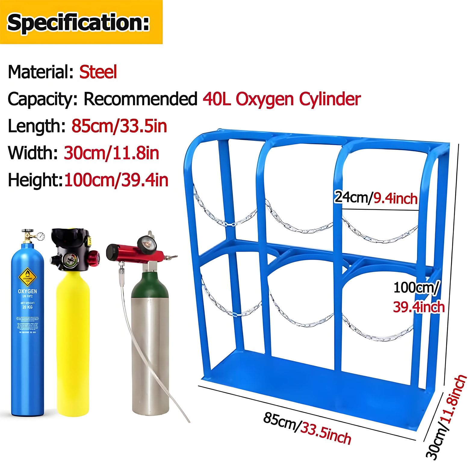 Soporte para tanque de oxígeno con cadena, estante de almacenamiento de acero para laboratorio y uso médico, compatible con varios tamaños de recipiente