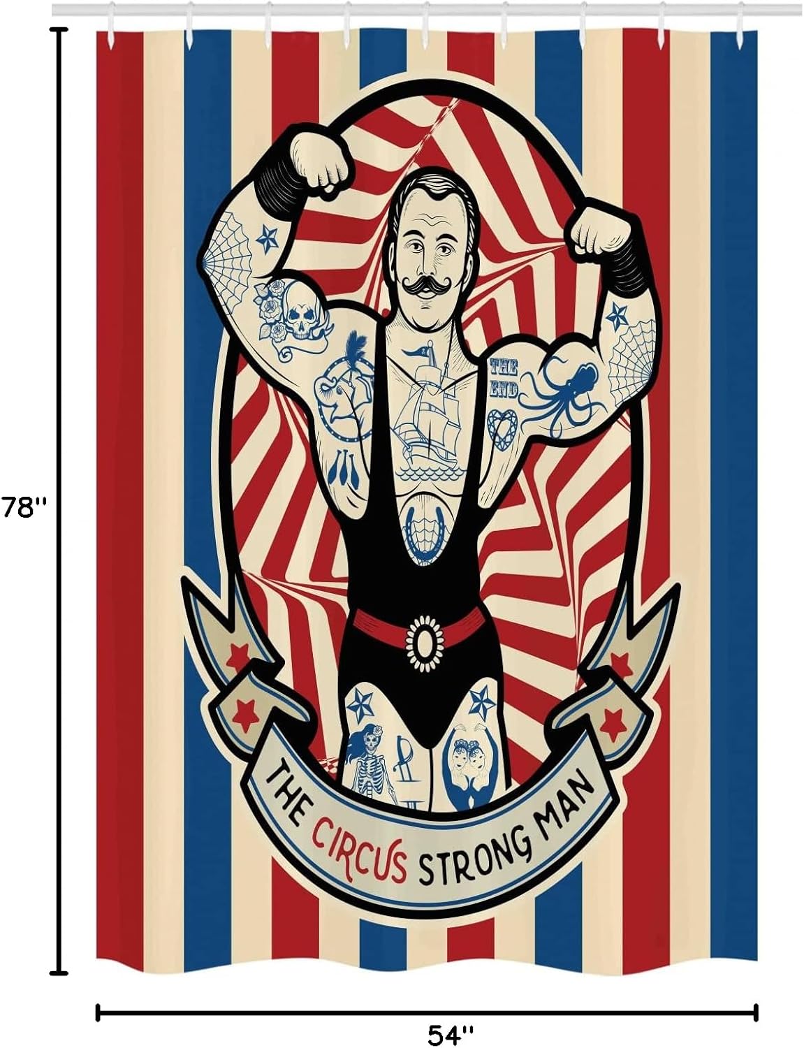 Ambesonne Circus Stall Shower Curtain, Nostalgic The Strong Man Tattoos and Muscles Star Fun Art Print, Fabric Bathroom Decor Set with Hooks, 54" W x 78" L, Beige Red Blue