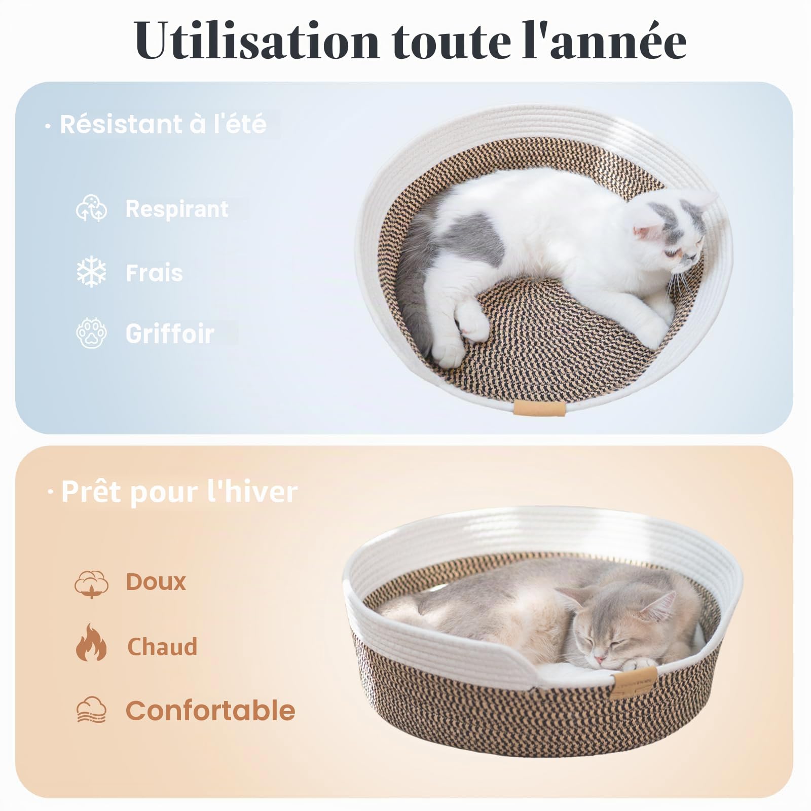 CheerPals Panier Chat Tressé en Corde, Lit pour Chat Respirant au Design Artisanal, Panier Rond et Douillet pour Toutes Saisons, Style Nordique, 47x47x15 cm