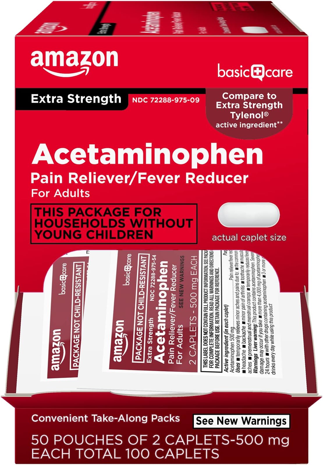 Amazon Basic Care Extra Strength Acetaminophen Caplets 500 mg, Pain Reliever and Fever Reducer, Gentle on Stomach, For Arthritis Pain, Backache Pain and More, 50 Packets of 2 Capsules Each, 100 Count