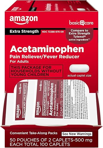 Tienda Basic Care Cápsulas de acetamol extra fuerte de 500 mg, alivio del dolor y reductor de fiebre, 50 bolsas de 2 cápsulas cada una, total de 100