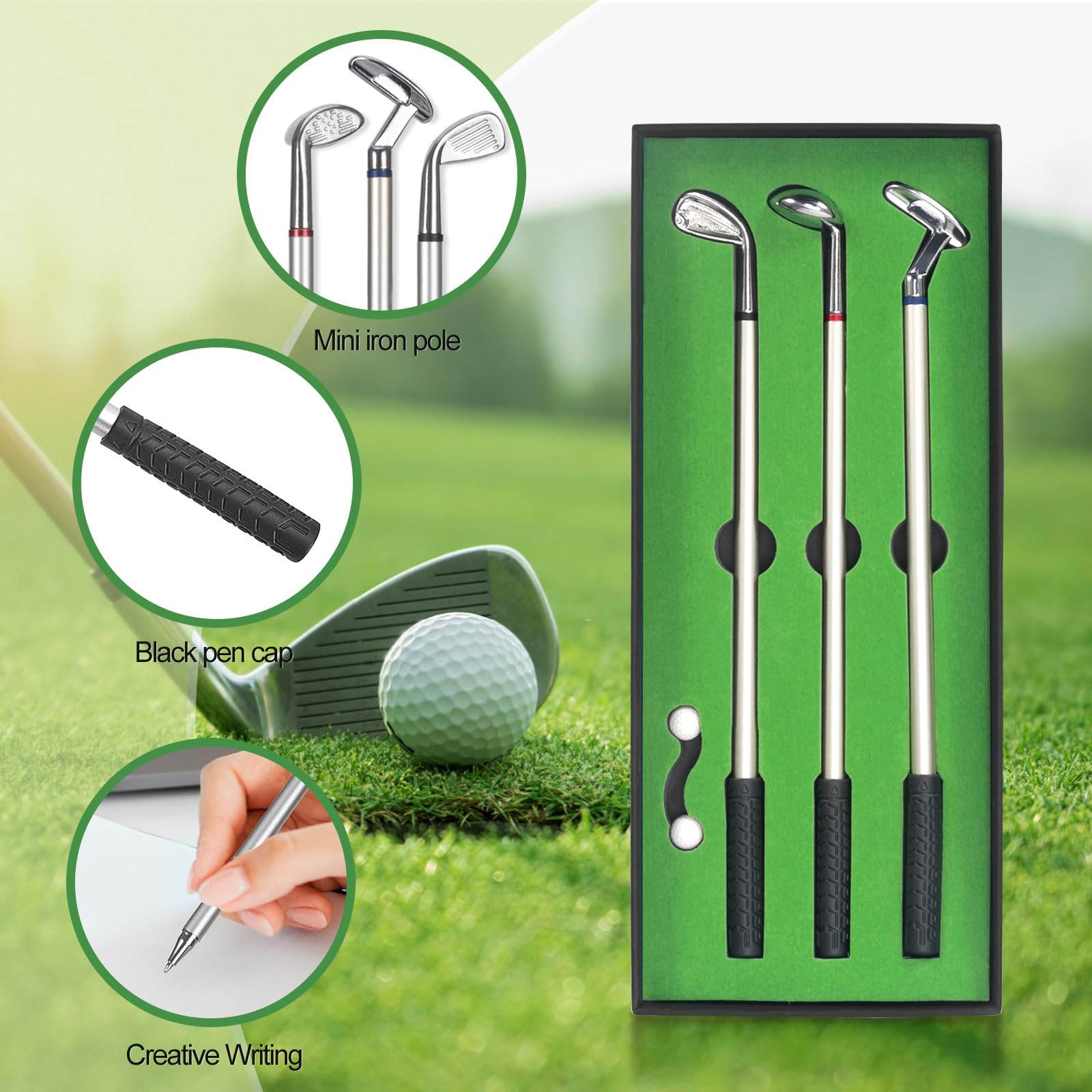 MumdoYAL Set Regalo da Golf，Campo da Mini Golf，Set di Penna a Sfera da Golf，con Scatola Regalo Nera, Regalo per Gli Appassionati di Golf