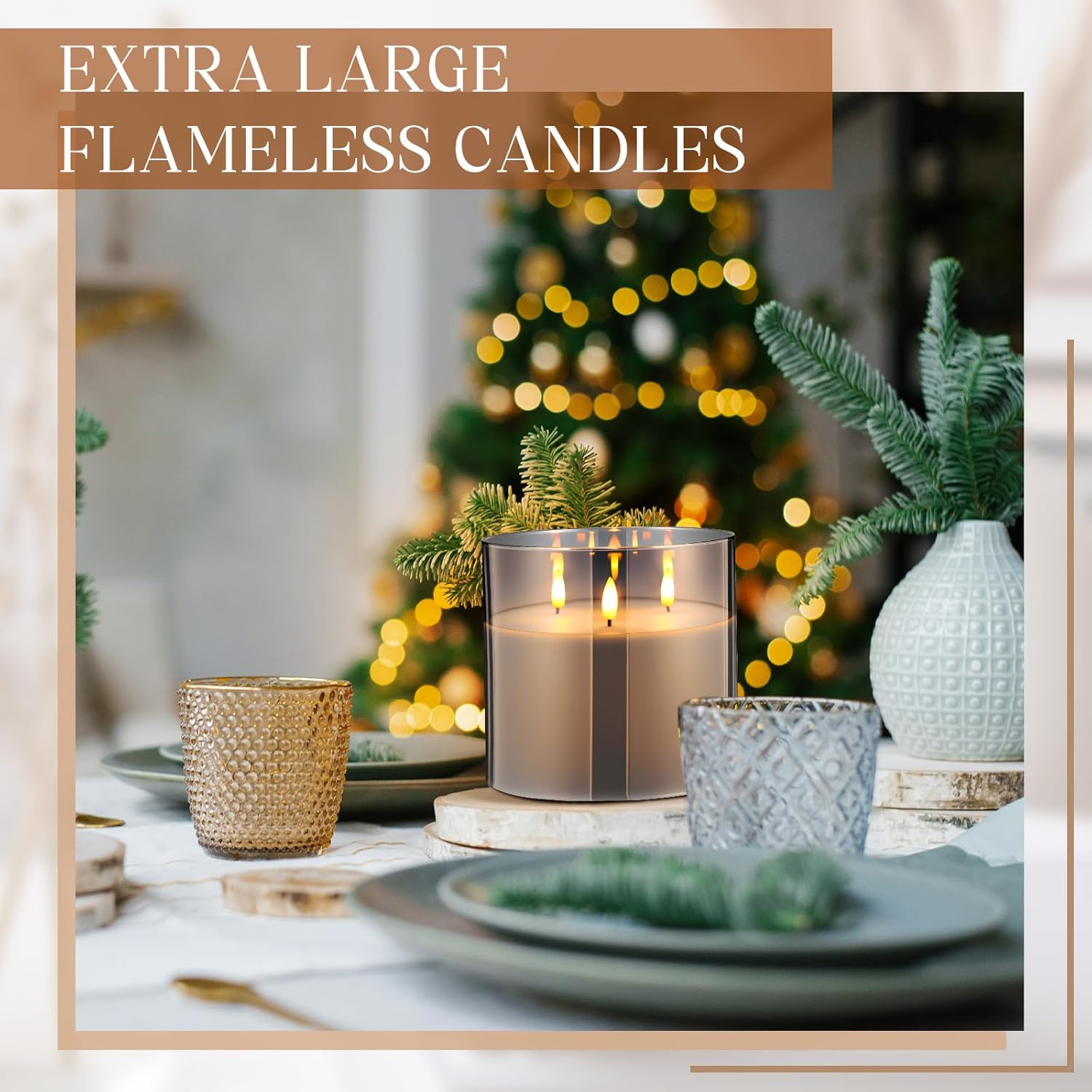 Retisee 6'' x 6'' Extra Large Flameless Candles, 3 Wick Glass Large Candles with Remote Control and Timer Function, Real Wax LED Pillar Flickering for St. Patrick's Spring Party Decor(Gray,1 Pcs)