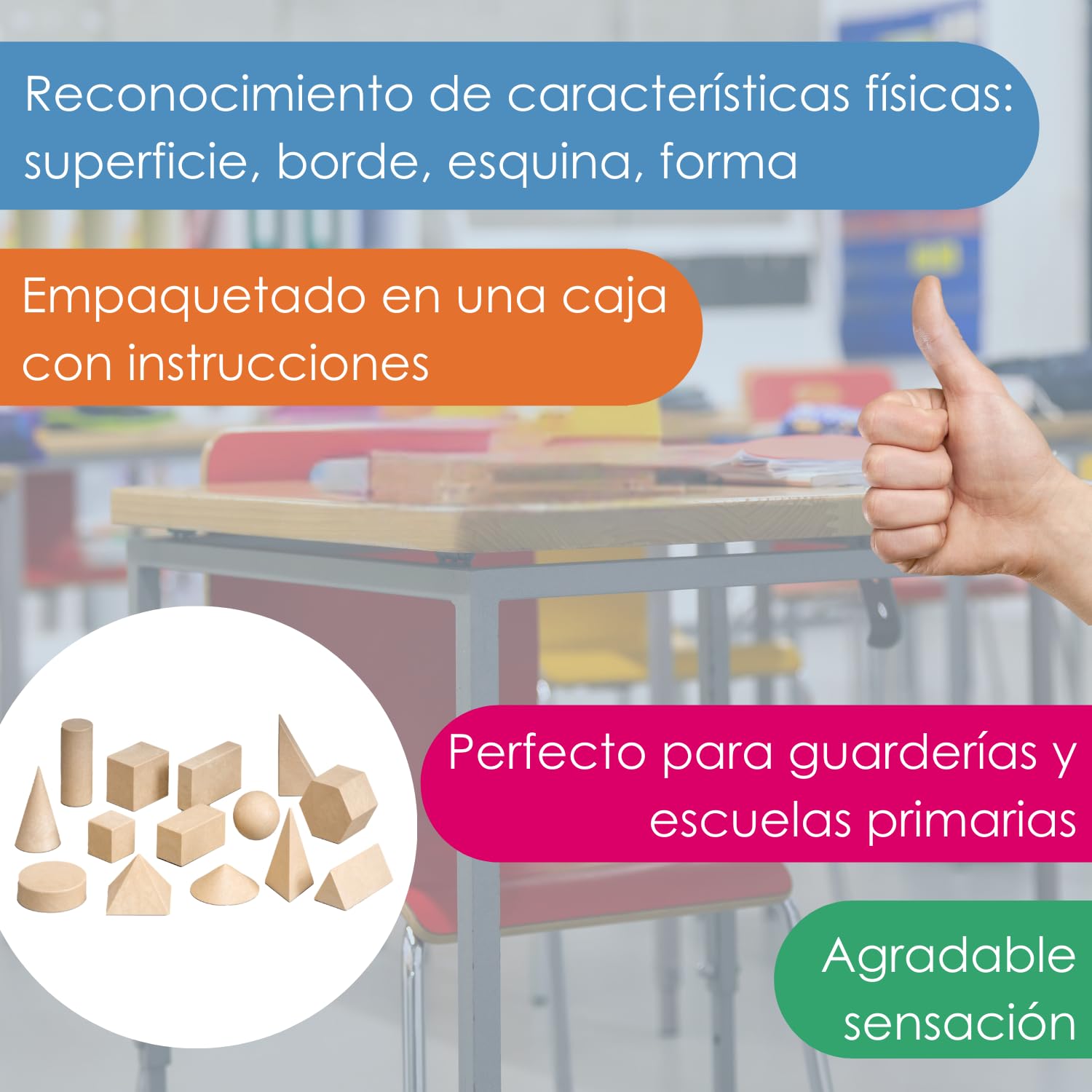 WISSNER® Aktiv lernen - 14 Figuras geométricas/Conjunto de cuerpos geométricos - de Primera a cuarta CLAS - RE-Wood®