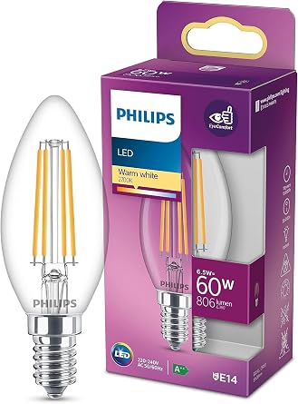 PHILIPS LED Premium Classic B35 Candle Light Bulb [E14 Small Edison Screw] 6.5W - 60W Equivalent, Warm White 2700K, Non Dimmable [Energy Class E]