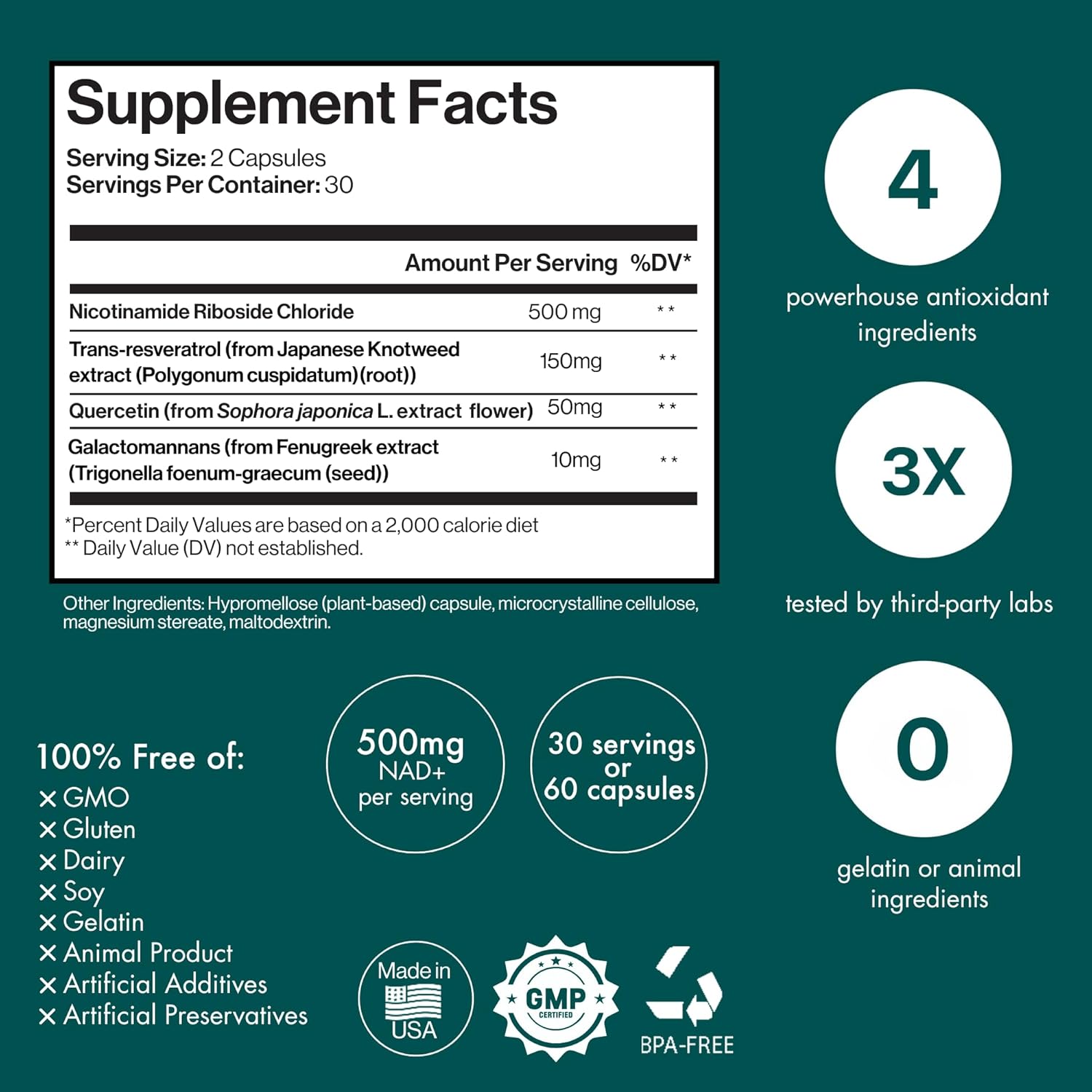 ENSANTE Advanced NAD+ Supplement 500mg with Resveratrol, Quercetin, Nicotinamide Riboside, NAD Supplement for Women Men for Cellular Longevity, Anti Aging, Cognitive Support, 60 Veggie Capsules, USA
