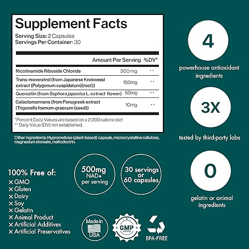 Miniatura 2 de Suplemento NAD+ avanzado con resveratrol y quercetina de 500 mg, NAD Advanced 500 mg, suplemento NMN, suplementos NR, NAD para mujeres y hombres