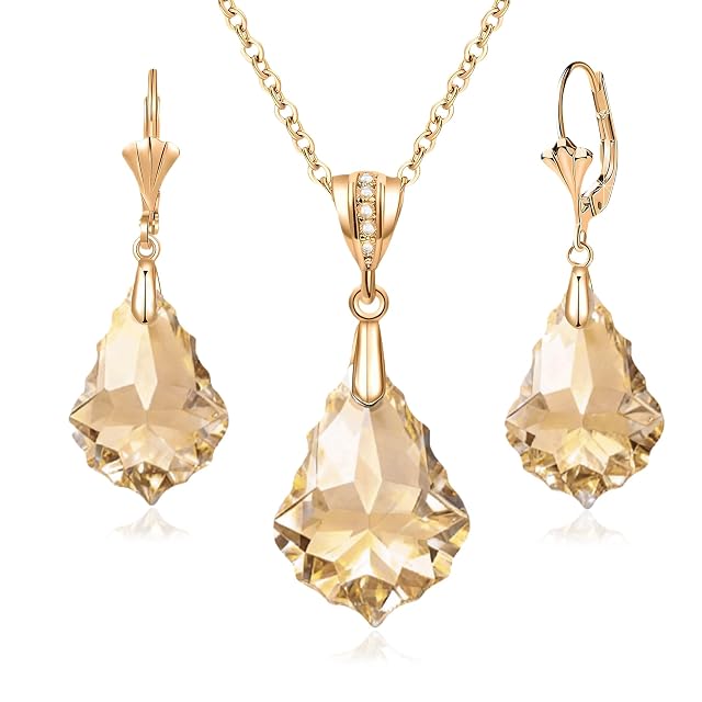 EVEVIC Austrian Crystals Baroque Pendant Necklace Earrings for Women 14K Gold Plated Hypoallergenic Leverback Drop Dangle Earrings Jewelry
