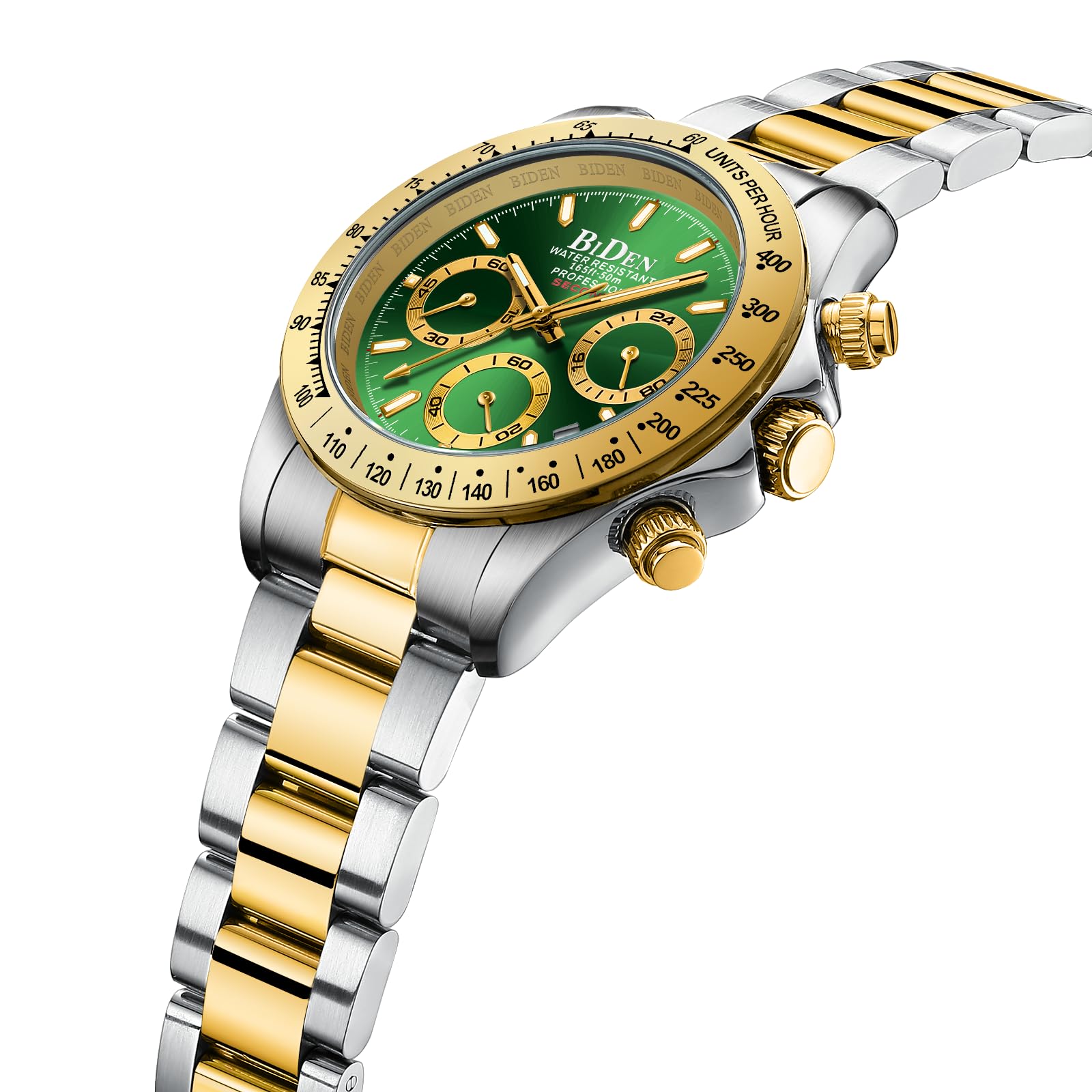 HANPOSH Reloj Hombre Cronógrafo de Acero Inoxidable(Plata Oro Verde11)