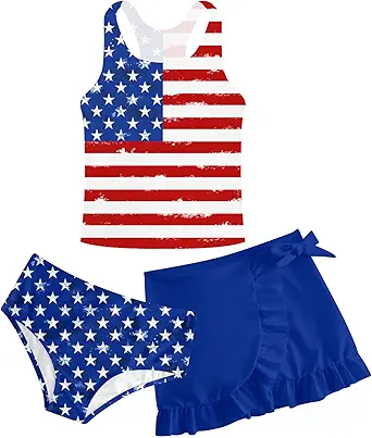 Girls Swimsuits 3 Piece Tankini Bathing Suit Set Cute Bikini Swimwear with Cover Ups Beach Skirt 5-16 Years