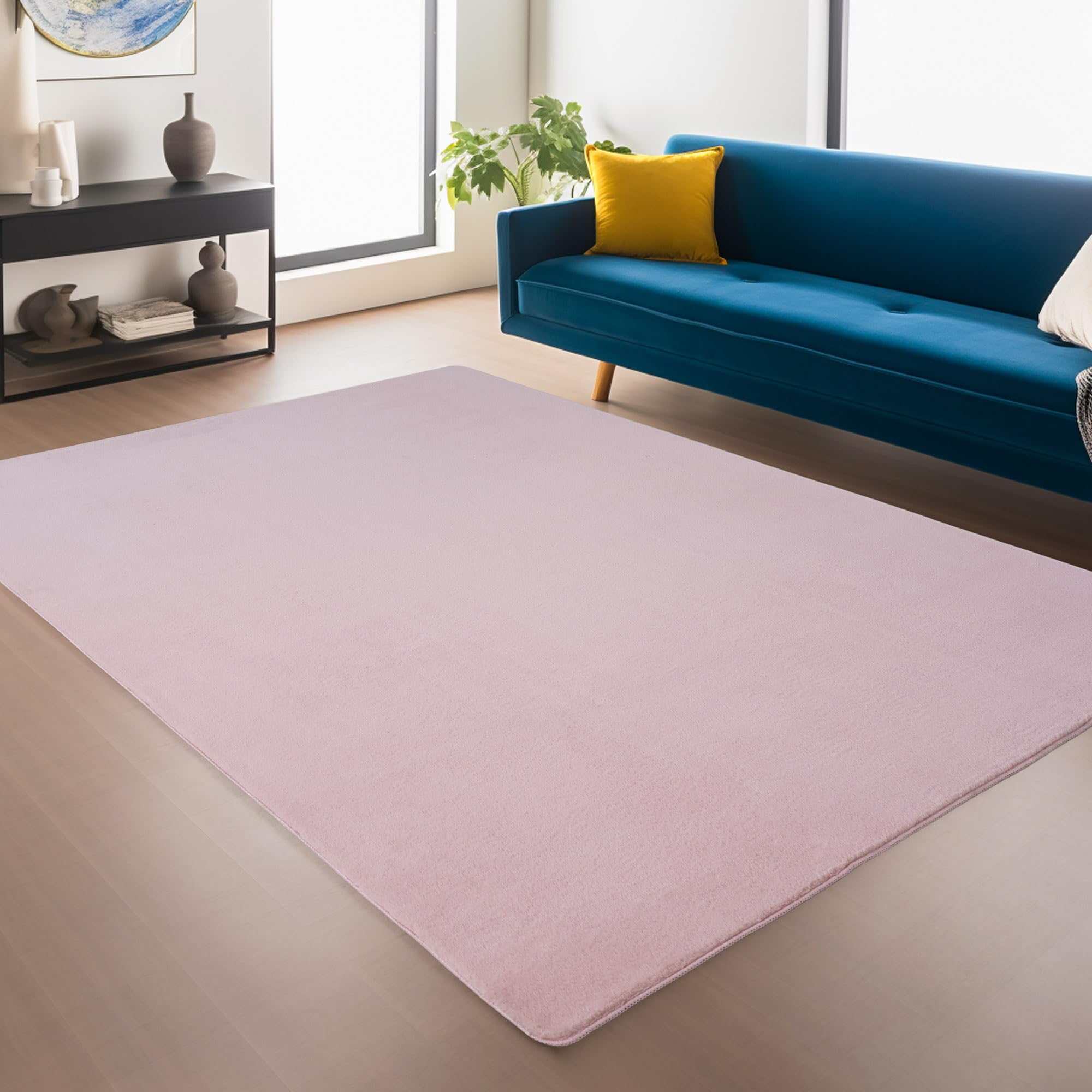 Snuggly Plain Living Room Area Rug Super Soft Polyester Rug Cut Pile Anti-Slip Backing Machine Washable Modern Rug for Living Room Bedroom Hallway 9 Colours- Baby Pink- 120 x 160 cm (Rectangular)