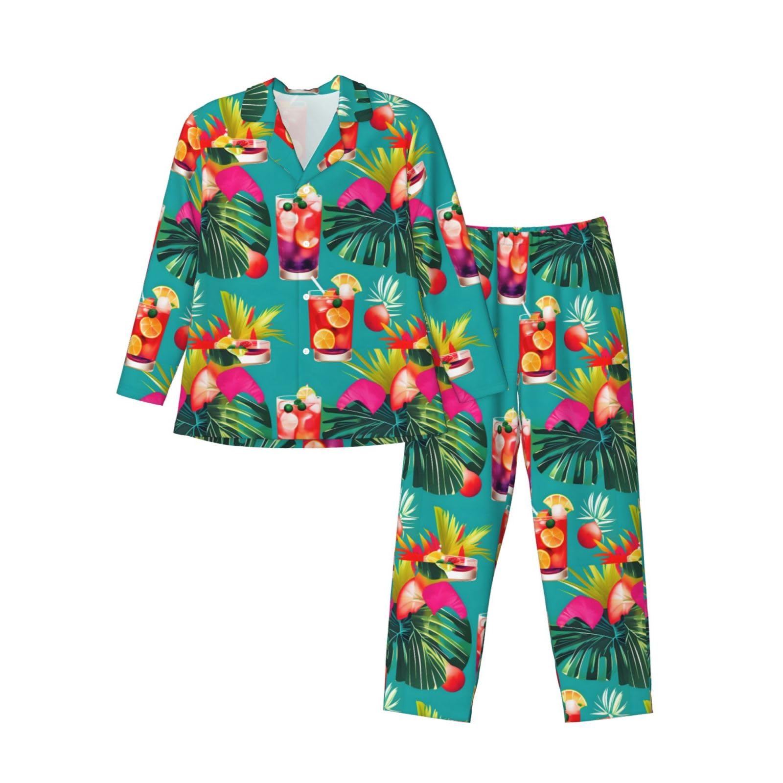 Cocktail tropicali Stampa Uomo Manica Lunga Pigiama Set Due Pezzi Home Wear Confortevole Sleepwear Nightwear