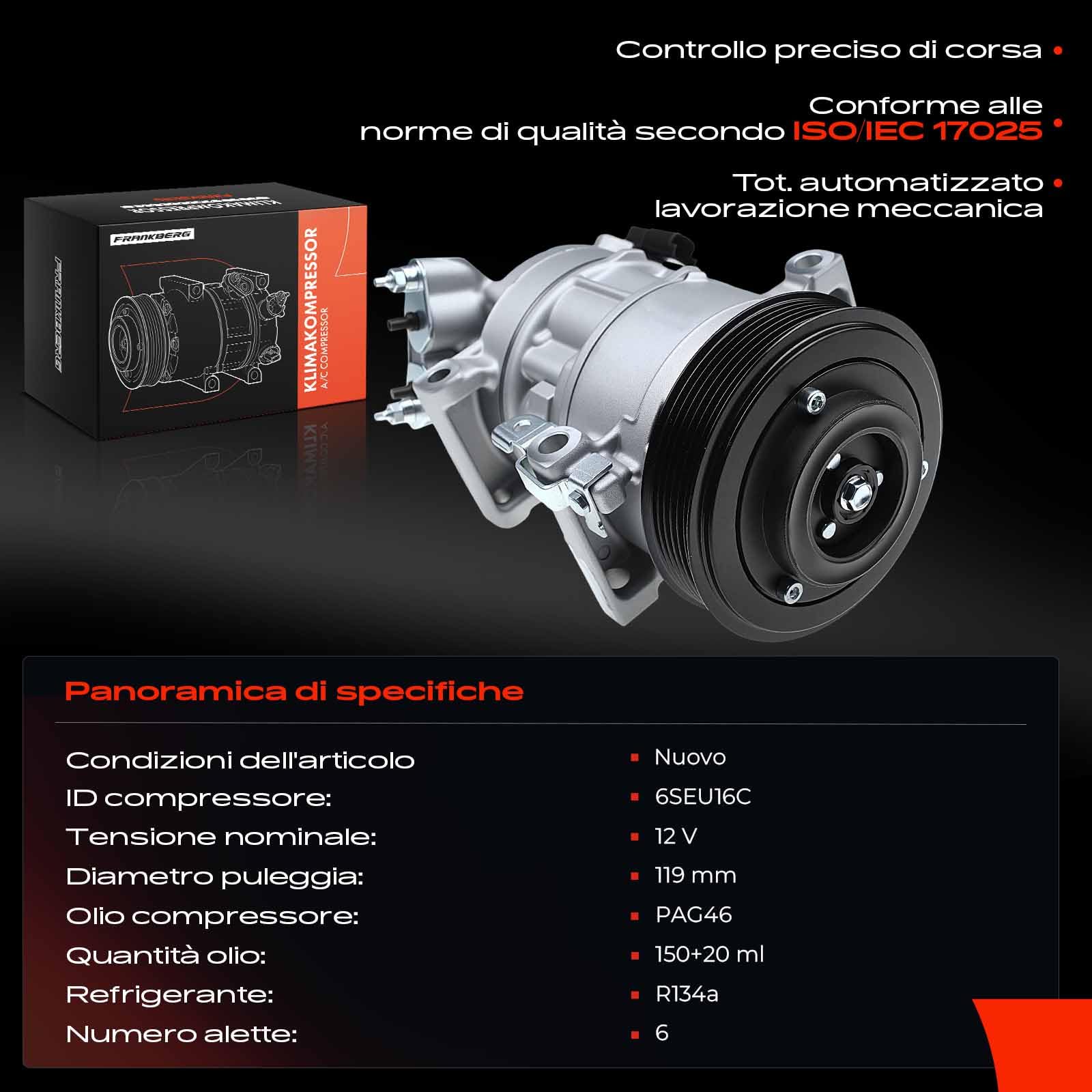 Frankberg Compressore dell'aria condizionata con frizione Compatibile con Berlingo Multispace B9 308 CC 4B 308 SW I 4E 4H C4 Cactus 3008 MPV 0U Replace# 9676862380, compreso l'olio preconfezionato