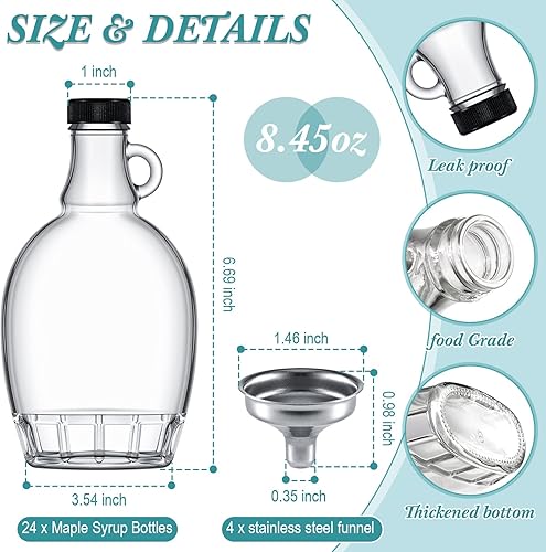 Miniatura 2 de Hoolerry Paquete de 24 botellas de vidrio de jarabe de arce con 4 embudos de acero inoxidable, botella de vidrio transparente con asa de bucle,