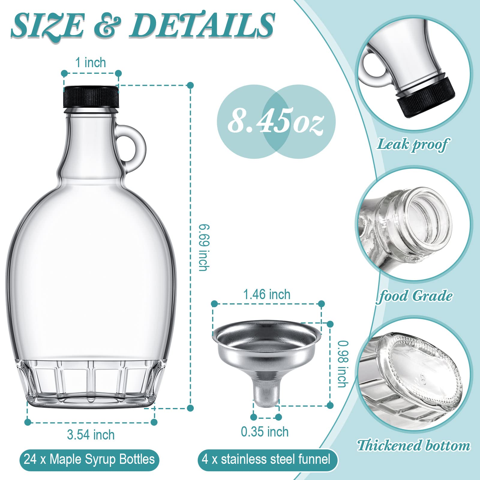 Hoolerry 24 Stück Ahornsirupflaschen mit 4 Edelstahltrichtern, klare Glasflasche mit Schlaufengriff, Glasbehälter für Flüssigkeiten, Ahornsirup, Gläser, Ahornsirup, Behälter mit Deckel (240 ml)
