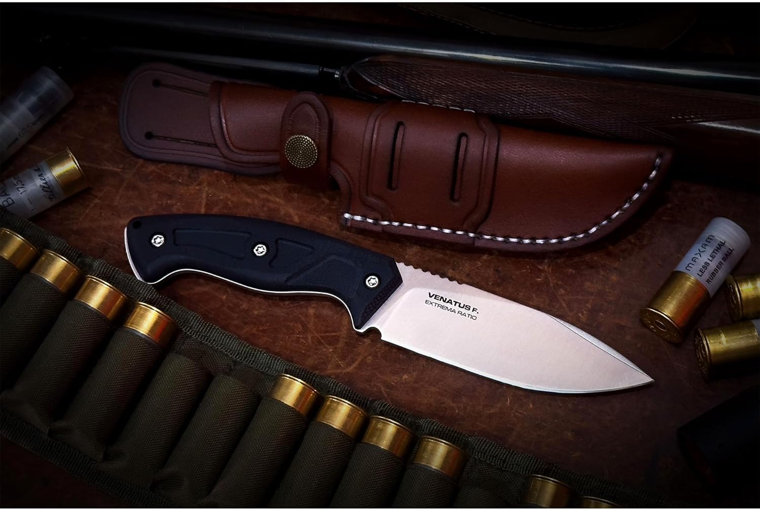 Extrema Ratio - Venatus F (Black Satin), Fixed Blade Knife, Böhler N690 Steel hardened to 58 HRC, Stonewashed Finish, Full Tang Construction, Ergonomic Handle, Premium Leather Ambidextrous Sheath