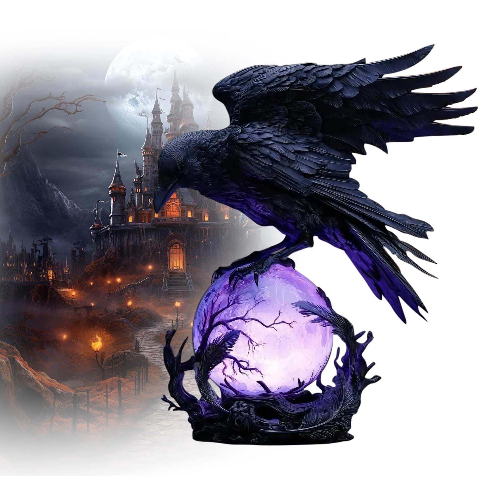 Zxdzsw #B “Raven’s Moonlight” Gothic Led Lamp Halloween Crows And Ravens Indoor Gothic Home Dark, Perfect Dining, Dark Crow Night Light Violet Crystal Ball Lamp, Bedroom(#B)