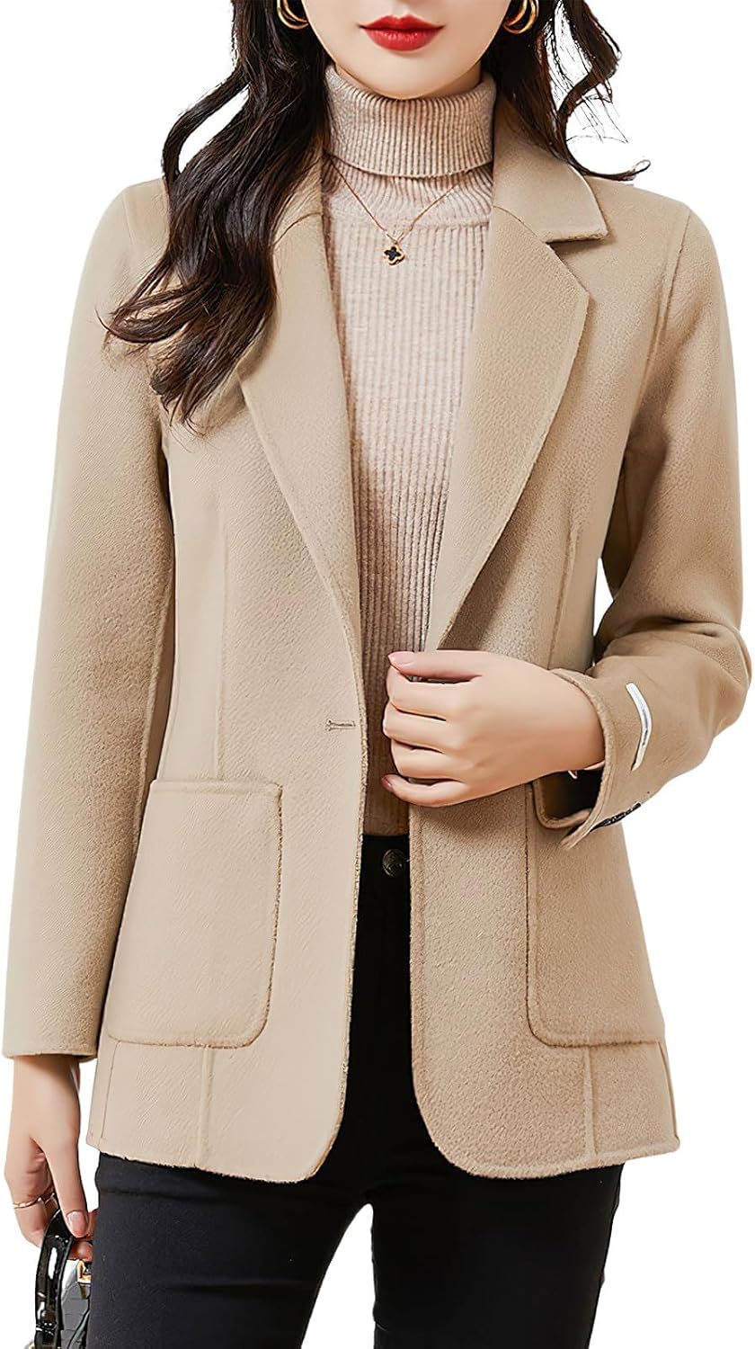 ebossy Women's Wool Pea Coat Notched Lapel 1-Button Business Office Blazer Jacket Elegant Short Coat with Pockets
