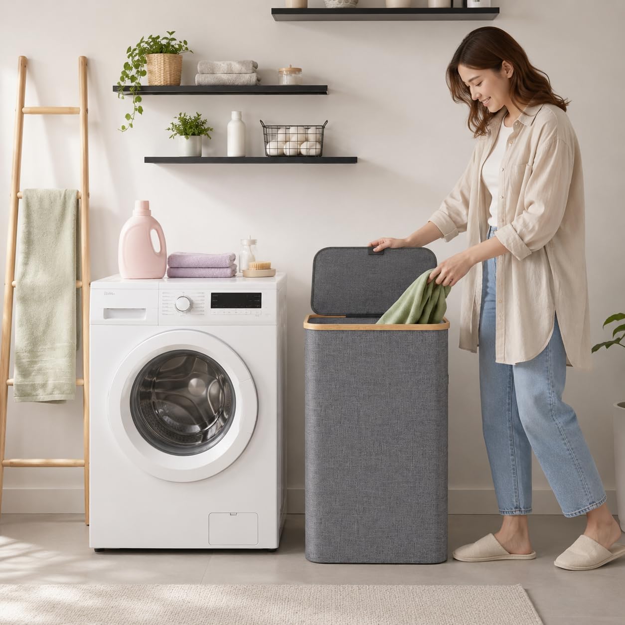 Chicbliss Laundry Hamper with Lid, Tall Laundry Baskets with Bamboo Pull Handles, Large Laundry Bin with Internal Support (26 Gal/100L, Grey)