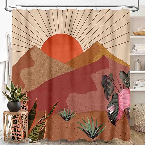 Miniatura 28 de Cortina de ducha con diseño floral hippie, estilo retro de los años 70, diseño de margaritas naranjas, bonitas, estéticas, bohemias, divertidas,