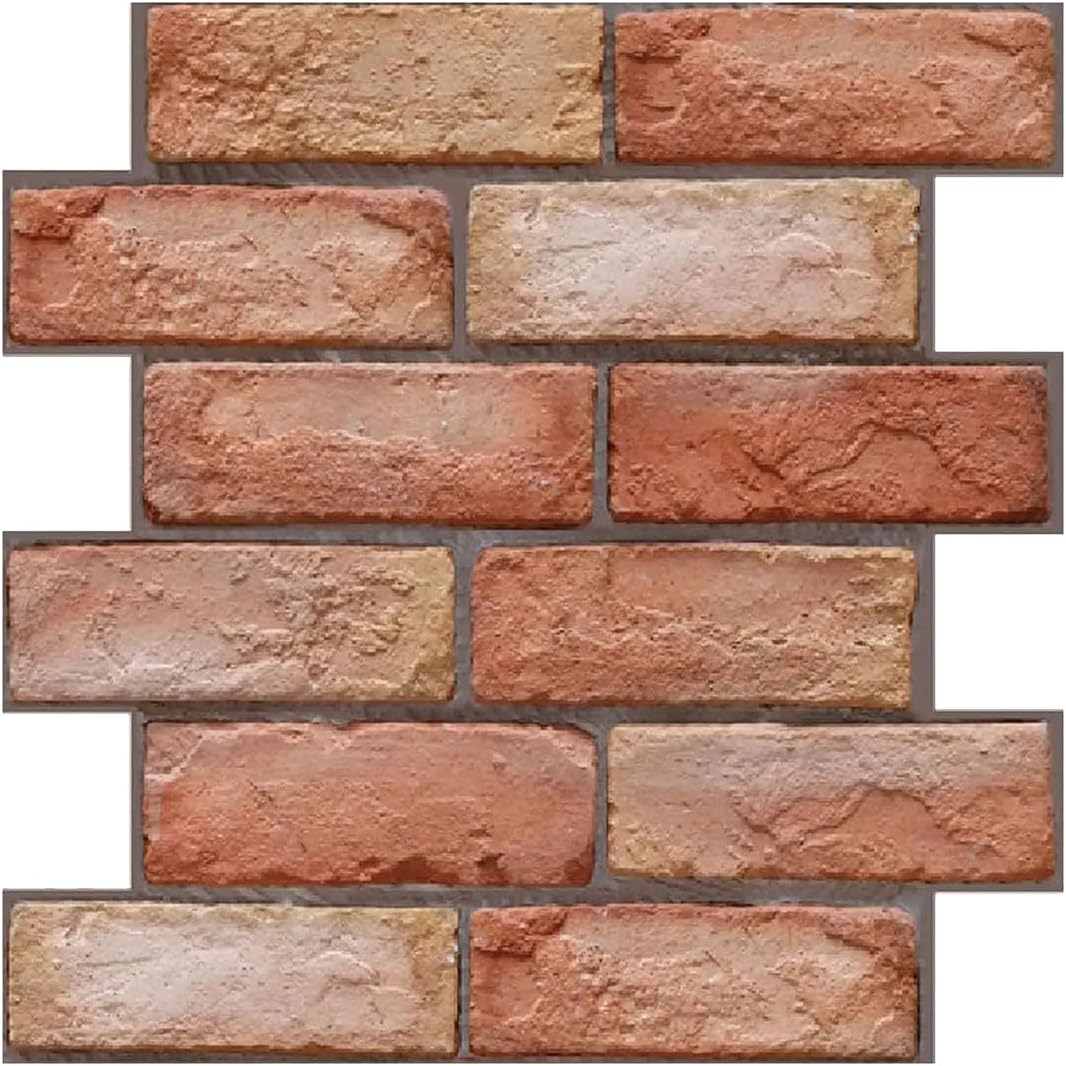 ECYC Ltd 10 Pcs 11.81" x 11.81" 3D Red Brick Wall Panels Peel and Stick, PVC Faux Brick Wall Panels Waterproof Self Adhesive Retro Brick Wall Tiles Stickers for TV Background, Fireplace, Wall Decor
