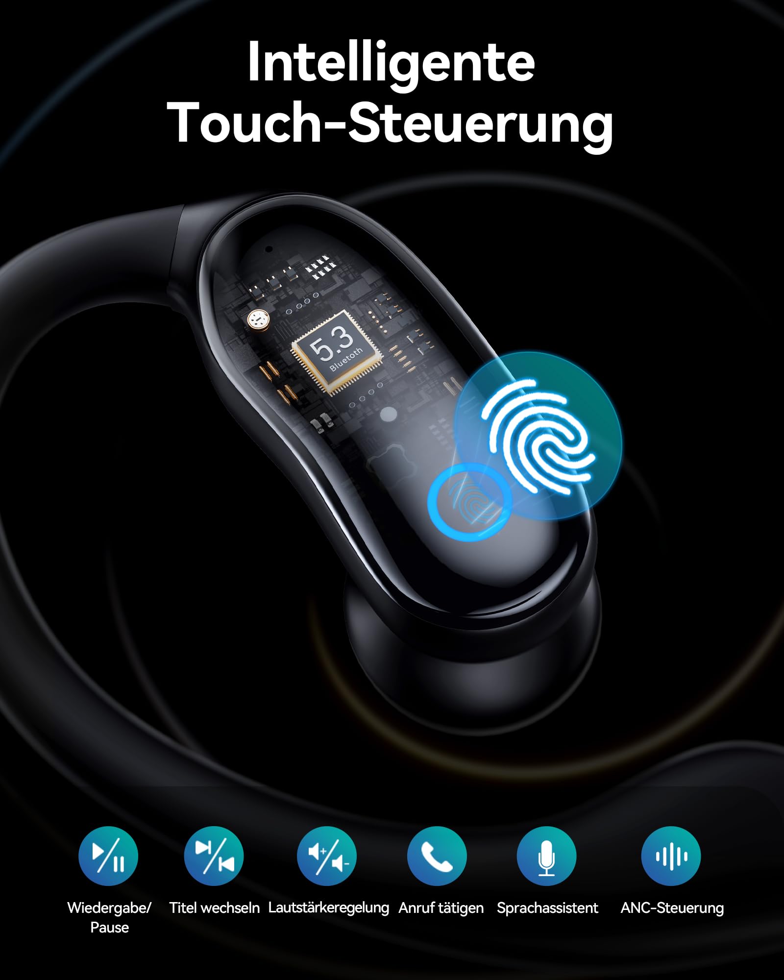 Sport Kopfhörer Bluetooth mit Ohrbügel, ANC Noise Cancelling & Transparenzmodus, 96H Laufzeit, IPX7 Wasserbeständig, ENC Mikrofon, In-Ear Kopfhörer mit sicherem Halt für Laufen, Fitness & Pendeln
