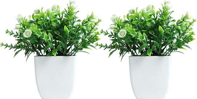 FEILANDUO Set of 2 Mini Potted Artificial Plants Plastic Fake Green Plant for Home Decor Office Desk Shower Room Decoration(White, Set of 2)