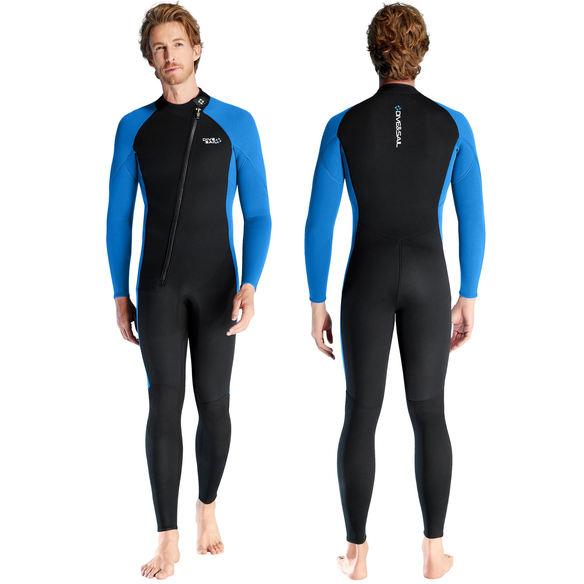 Mens Wetsuit 3mm Full Diving Suit Front Zip Stretch Neoprene Wet Suit for Diving Snorkeling Surefing Kayaking Black/Blue L Size