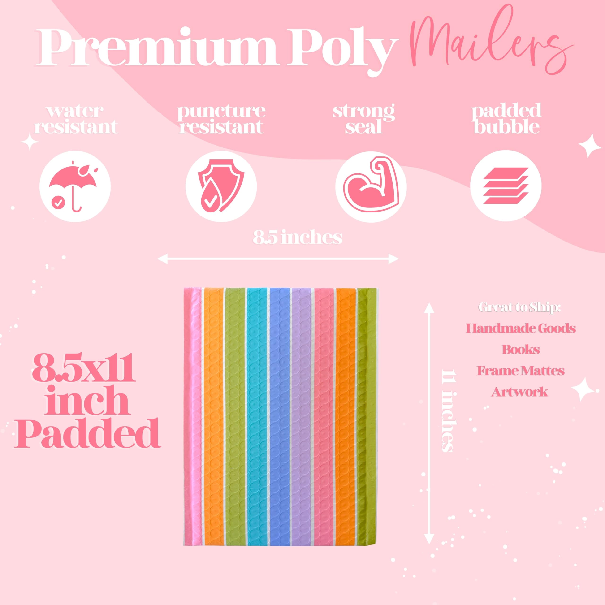 Pretty Package Store Luftpolster-Versandtaschen, 21,6 x 27,9 cm, Pastellstreifen, 25 Stück | Robuste, wasserdichte, selbstklebende und reißfeste Designer-Luftpolster-Versandtaschen für kleine Unternehmen