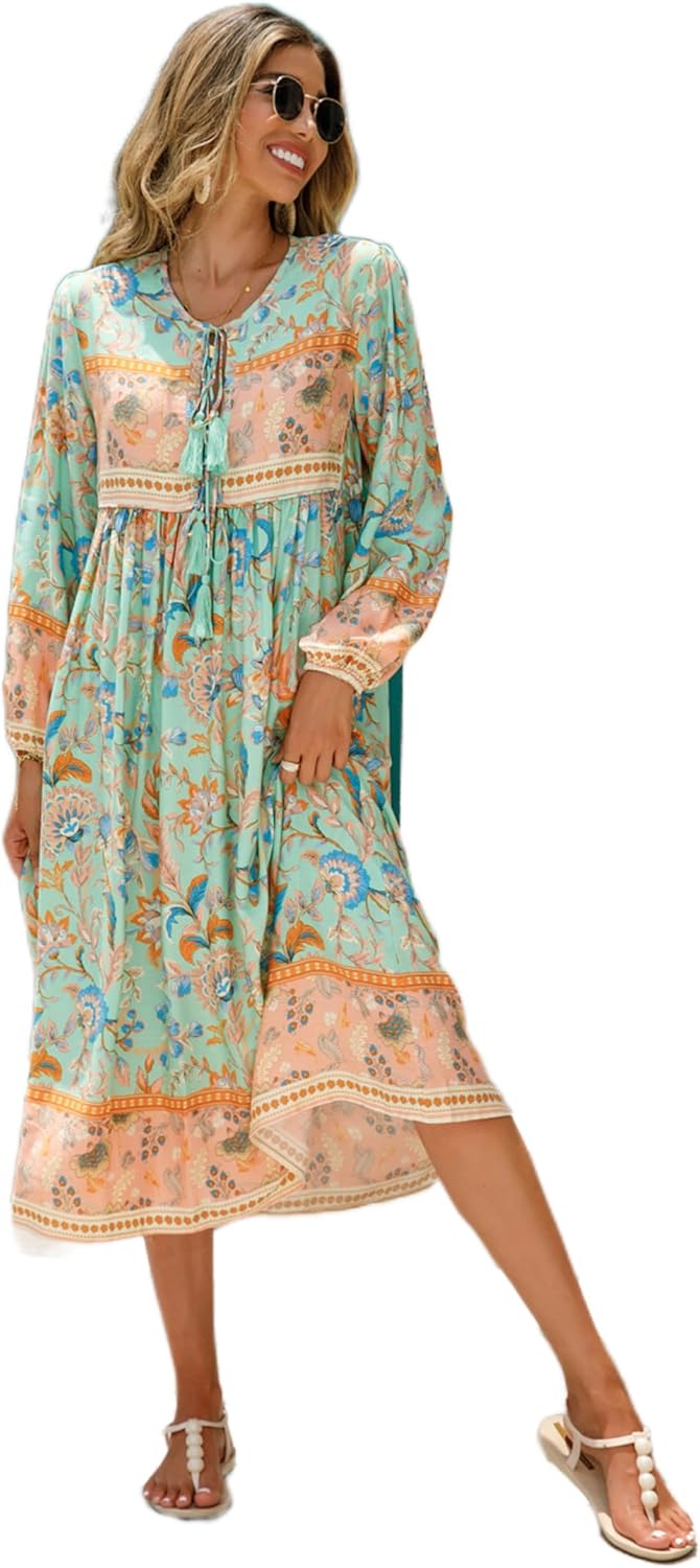 R.Vivimos Women's Long Sleeve Floral Print Retro V Neck Tassel Bohemian Midi Dresses